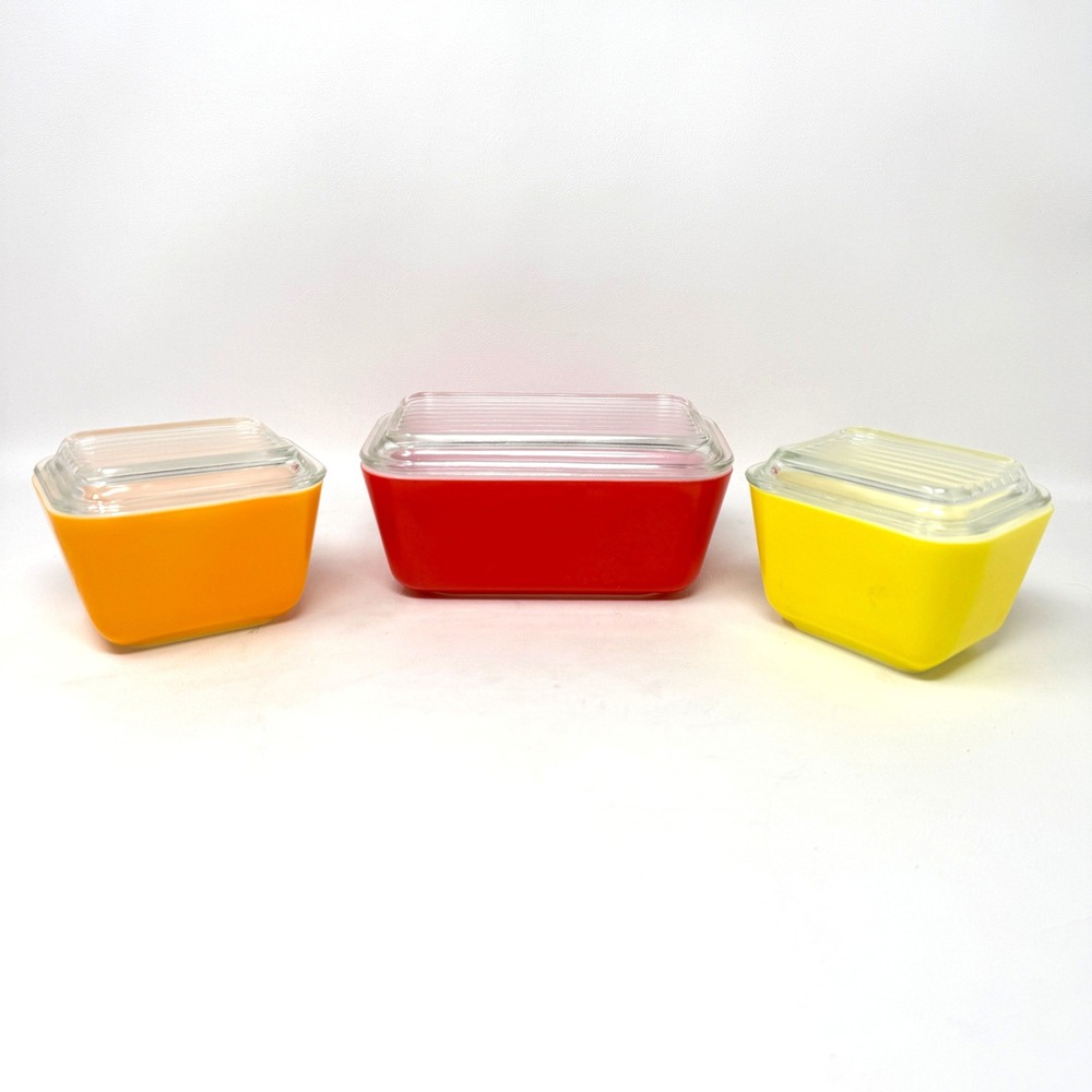 Vintage Pyrex Refrigerator Set 501 502 Red Orange Yellow Primary Colors 6pc